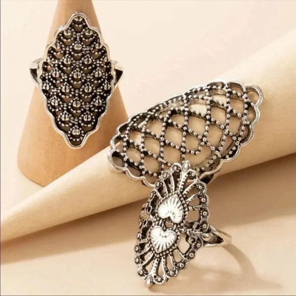 Antique Silver Statement Ring Set | Vintage Boho Filigree Jewelry - Picture 3 of 3
